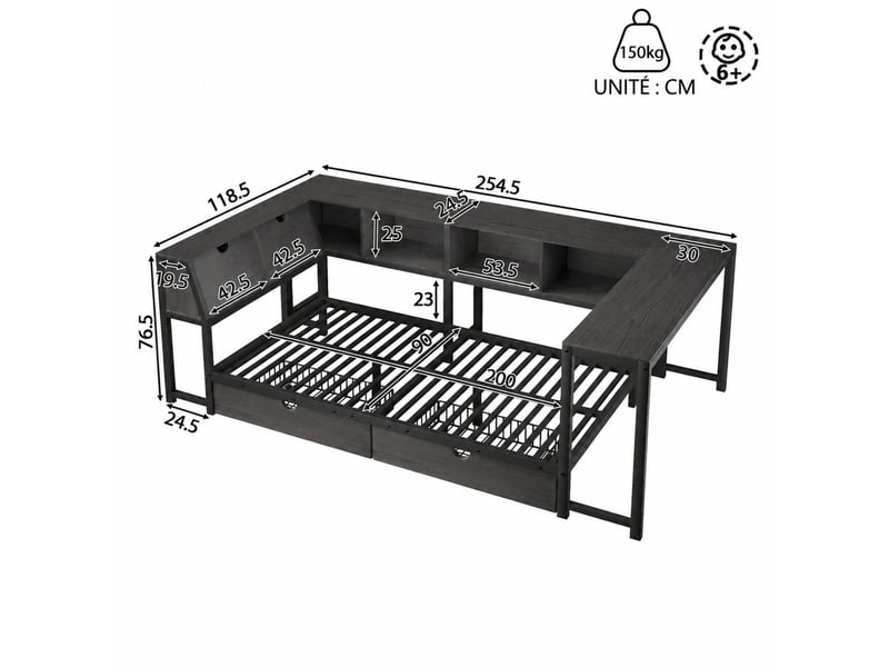  Lit combiné simple en métal et mdf avec bureau, tête de lit à rangement, 2 tiroirs et led, 200×90 cm, sans matelas  - Conforama D