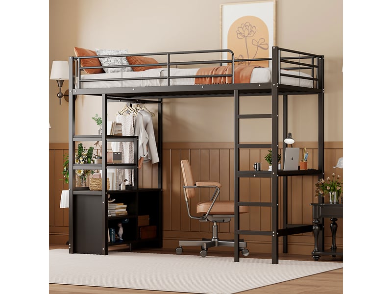  Lit mezzanine 90x200 cm - lit ado en métal avec bureau intégré, ports usb et espaces de rangement - sans matelas - noir  - Conforama D