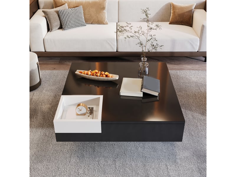  Table basse 72x72x30 cm avec éclairage led et boîte de rangement amovible, plateau carré, panneaux brillants, noir et blanc ABC - Conforama B