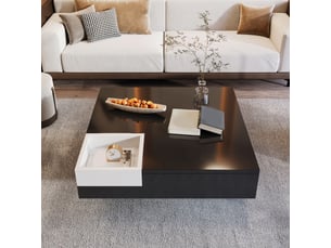 Table basse 72x72x30 cm avec éclairage led et boîte de rangement amovible, plateau carré, panneaux brillants, noir et blanc