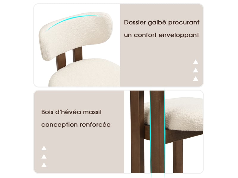  Lot de 2 chaises salle à manger 54x54x79 cm, confort bouclé structure en bois, design noyer et écru  - Conforama E