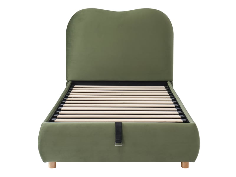 Lit rembourré pour enfant 90 × 200 cm, rangement hydraulique, avec sommier, tête de lit, tête de lit rembourrée, velours, vert - Conforama A