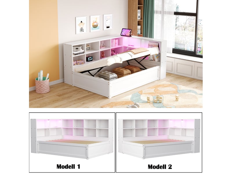  Lit banquette 90x200 cm – blanc – rangement hydraulique multifonction, led et prise intégrée – sans matelas  - Conforama E