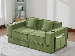 Canapé modulable 2 places convertible lit, mousse haute densité ergonomique, porte-gobelets, rangements, salon chambre bureau