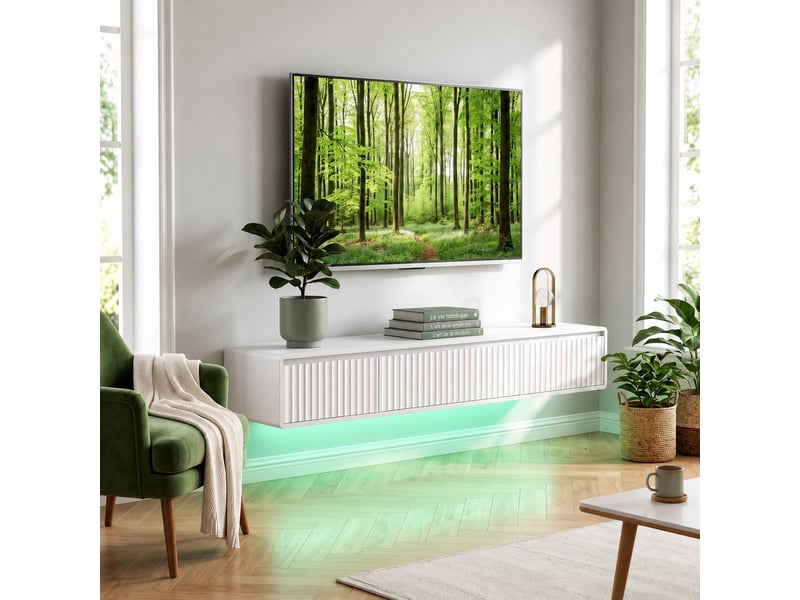  Meuble tv suspendu blanc 160 cm, façade cannelée, led rgb, 2 prises, usb et usb-c  - Conforama B