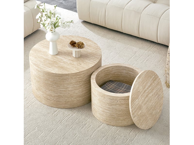  Tables basses gigognes rondes avec rangements intérieurs et couvercle amovible en mdf effet bois moderne pour salon  - Conforama D
