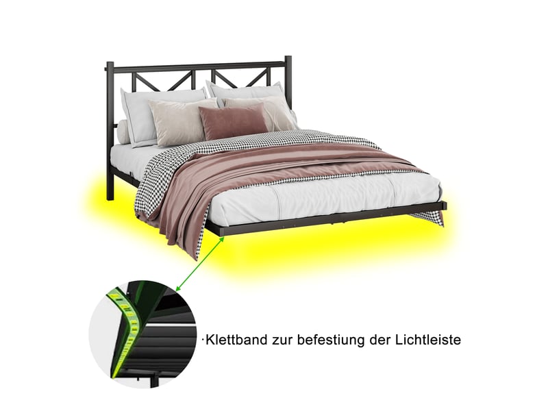 Cadre de lit, lit double 140x200 cm, led, station de recharge, sans matelas, métal noir - Conforama R