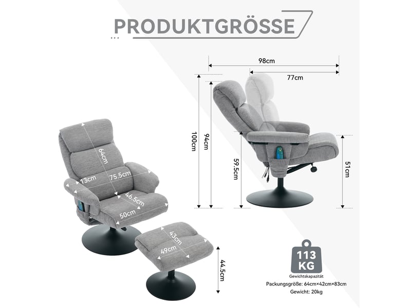  Fauteuil relax 77x75,5x100 cm massage 5 points fonction chauffante pivotant 360° — gris  - Conforama C