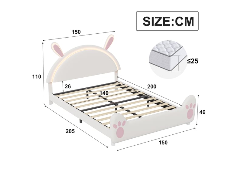  Lit simple 140x200 cm, lit enfant rembourré avec led et oreilles de lapin, lit princesse en velours et métal, blanc  - Conforama E