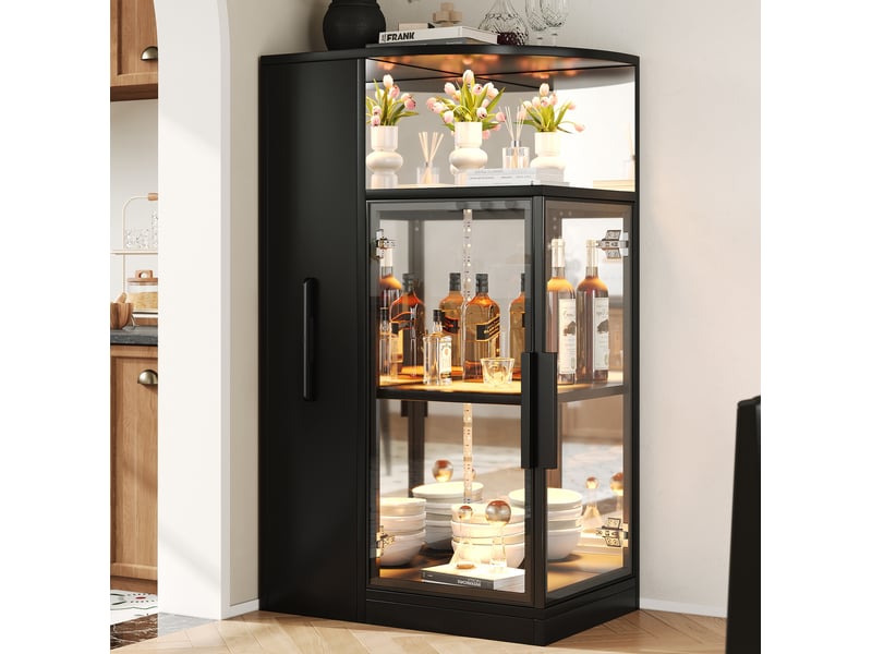  Vitrine en verre 64 x 42 x 112 cm – noir – led multicolore et rangement coulissant – design moderne  - Conforama B