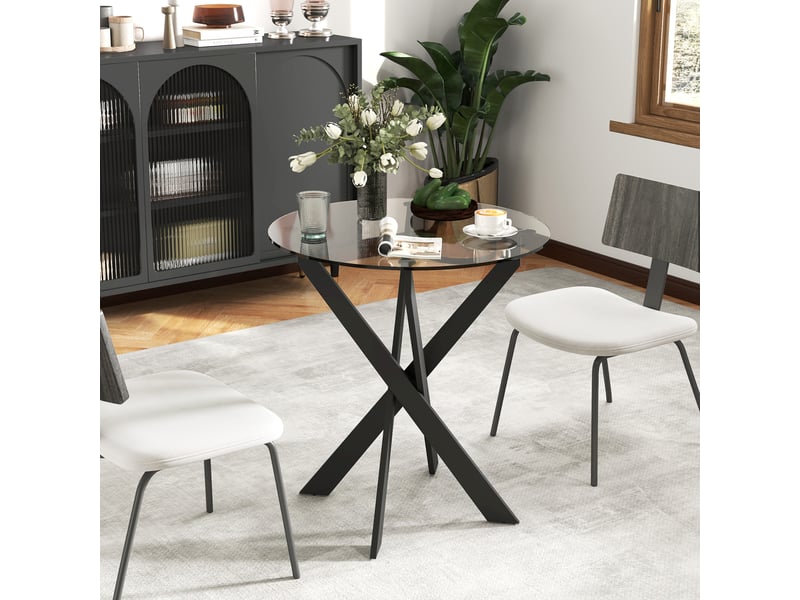  Table de salle à manger pour 4 personnes avec plateau en verre trempé, pieds croisés, en verre, ø70×75 cm, noir  - Conforama B