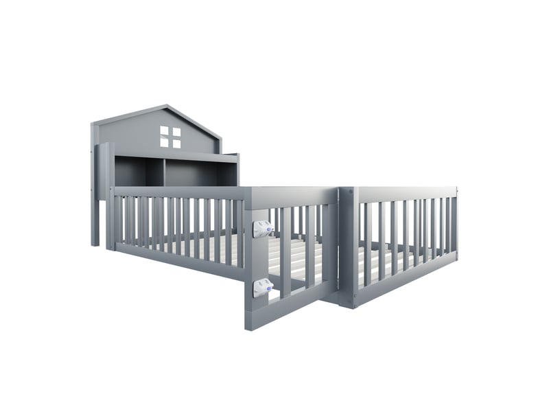 Lit enfant cabane avec rangements, bois massif gris, 90x200 cm, barrières, portillon et étagère photo - Conforama E