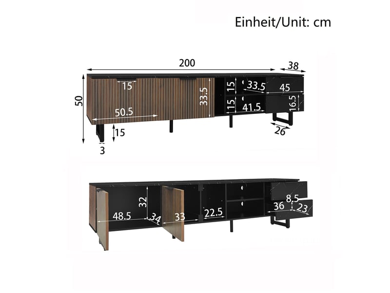  Meuble tv 200 cm avec 2 portes, 2 tiroirs, 2 niches et led multicolore via application, mdf, noir et effet bois Fay Lum - Conforama C