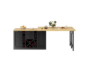 Îlot de cuisine rotatif blancnoir 120–223 cm, range-bouteilles amovible, porte-poubelle, étagères snack
