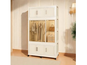 Armoire modulaire pliable 9 portes magnétiques en polypropylène beige, 8 espaces, penderie et roulettes, sans outil
