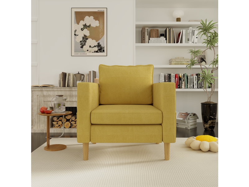  Fauteuil scandinave 71x68x82 cm, poche de rangement, coussin, canapé 1 place, pour salon, chambre, tissu chenille jaune  - Conforama D
