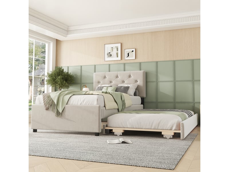  Lit rembourré 90x200 cm avce lit gigogne, lit enfant avec sommier a lattes, lit 1 personne avec tiroir coulissant, beige, velours  - Conforama C