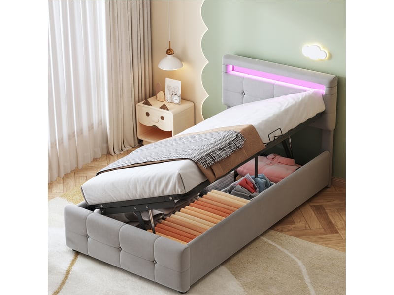  Modenvie lit coffre enfant 90x200 cm - led, rangement hydraulique, sans matelas - gris  - Conforama B