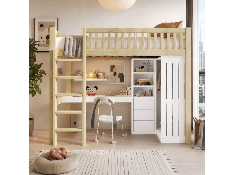 Lit mezzanine enfant 90x200 cm avec bureau, armoire et 3 tiroirs, naturel et blanc  - Conforama B