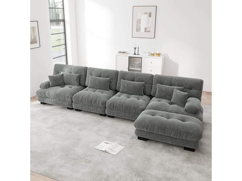 Canapé d'angle, canapé modulable – style cloud, pouf amovible, 4 places, gris, en chenille - Conforama C