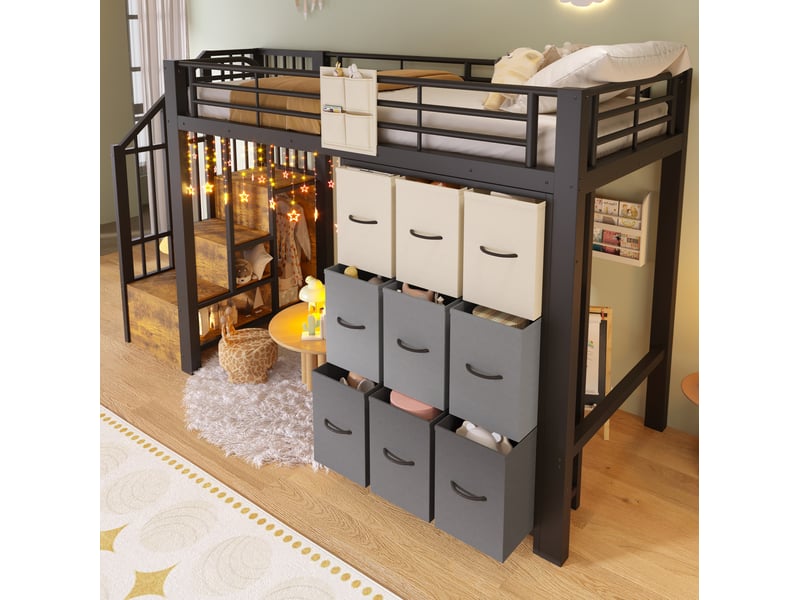 Lit mezzanine 90 x 200 cm noir métal et mdf, avec tiroirs, tringle à vêtements et escalier de rangement  - Conforama B