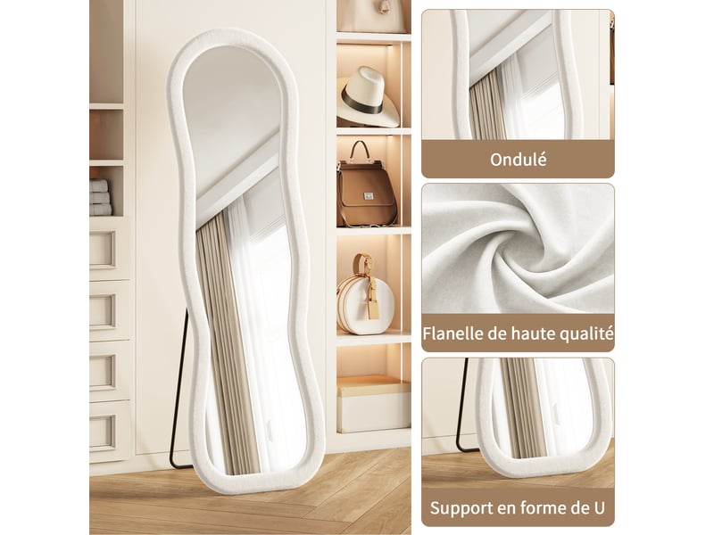  Miroir sur pied 160x50 cm blanc,miroir décoratif ,ondulé irrégulier,grand miroir mural avec cadre en flanelle,verre trempé  - Conforama E