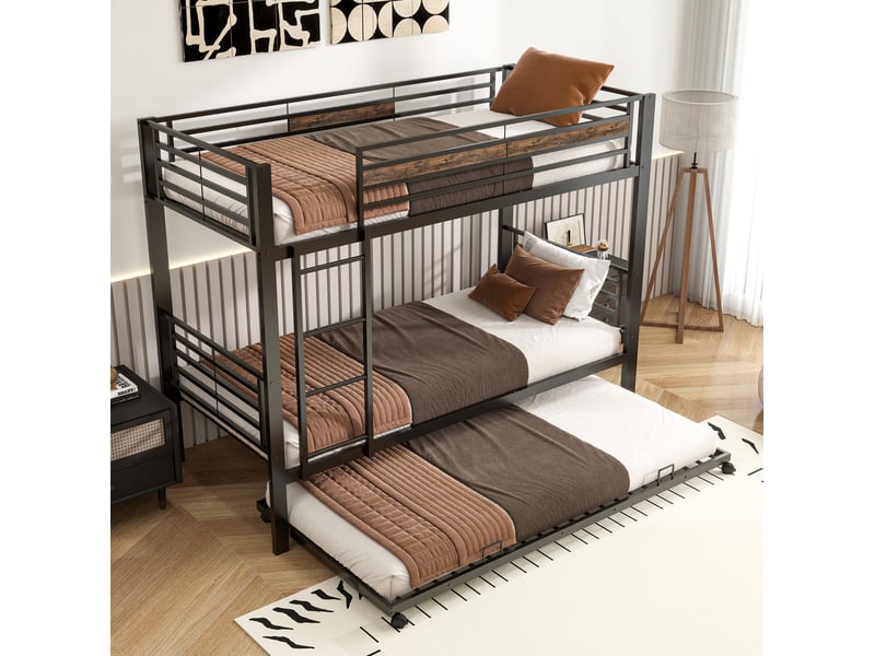  Lit superposé enfant 90x200 cm métal noir vintage, lit gigogne 90x190 cm, 3 couchages compacts  - Conforama E