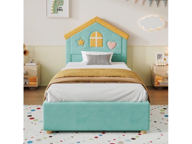  Lit enfant 90x200 cm avec rangement, tête de lit maison, velours français bleu-vert, sans matelas  - Conforama E