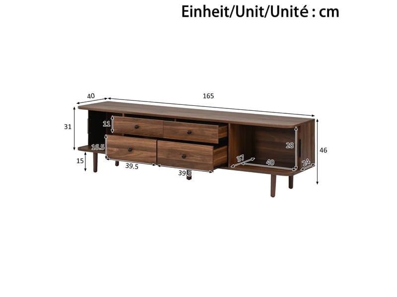  Meuble tv avec 4 tiroirs et 2 portes coulissantes, grand rangement en mdf noyer foncé pour salon 165 × 40 × 46 cm  - Conforama C