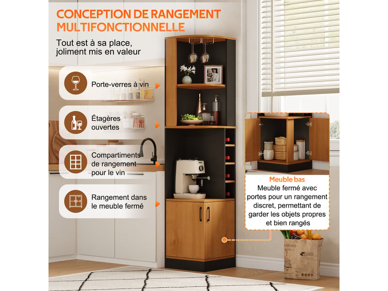 Meuble de cuisine muvano, meuble à vin d'angle en mdf noir avec porte-verres, 40 × 40 × 182 cm  - Conforama E