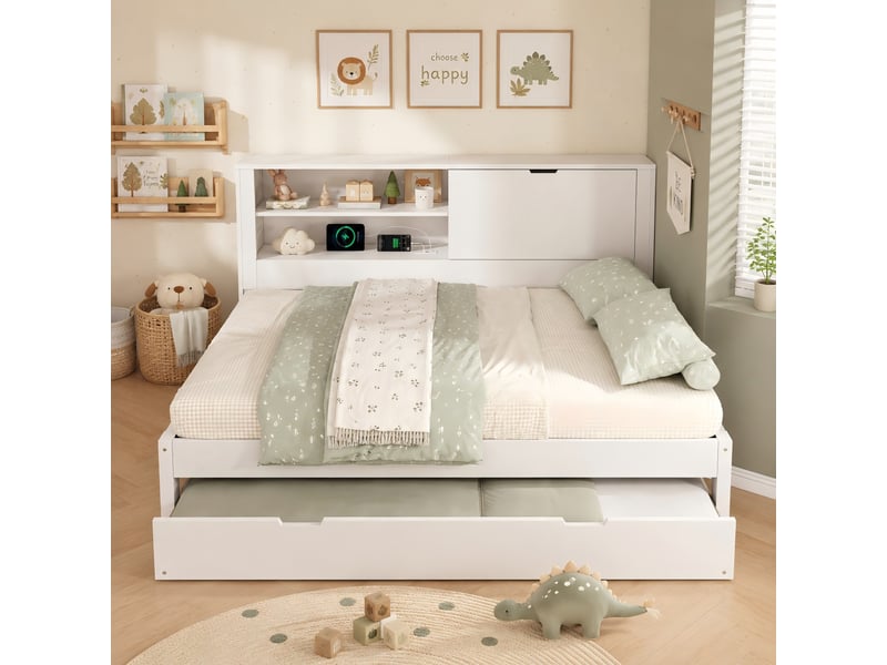  Lit gigogne 140x190 cm, tête de lit avec rangement, couchage gigogne, usb et usb-c, sommier à lattes pour chambre - blanc  - Conforama D