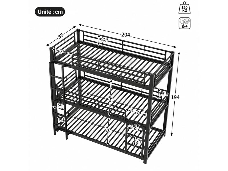 Lit superposé triple en métal 90 x 200 cm, 3 couchages, barrières de sécurité et échelle fixe - Conforama C