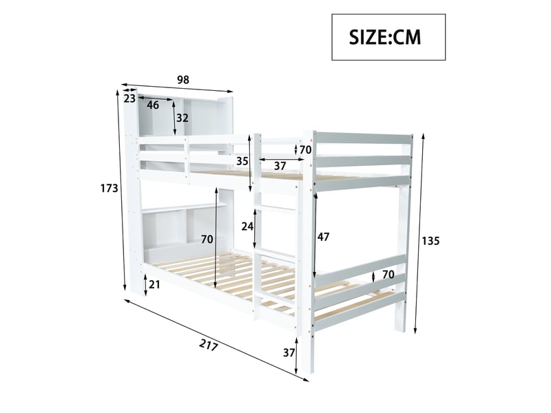 Lit superposé enfant 90x200 cm, lit bois avec étagères et rangement pratique, escalier droit 3 marches - blanc - sans matelas  - Conforama E