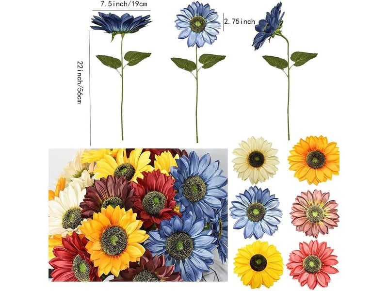 Lot de 6 grands tournesols artificiels à longues tiges, faux tournesols en soie, décoration en vrac pour la maison, les mariages, l'extérieur, les fêtes, les baby showers (jaunes) - Conforama E