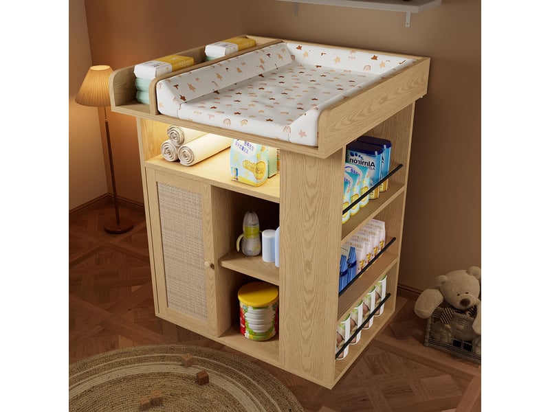 Table à langer bois naturel éclairage led réglable couleur luminosité grand rangement latéral espace à langer séparateur - Conforama D