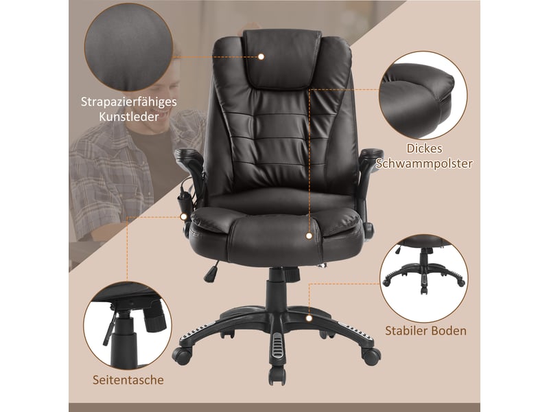  Fauteuil de bureau ergonomique - chaise de bureau massage chauffant et accoudoirs, fauteuil ergonomique pivotant, plastique, marron, 62x68x121 cm  - Conforama E