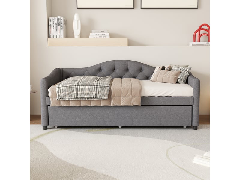  Lit banquette 90x200 avec lit gigogne, canapé lit en lin gris, structure mdf, lit simple gris pour chambre d'amis  - Conforama B