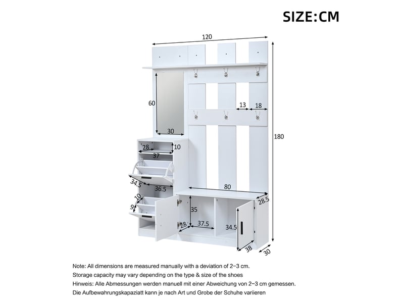  Meubles d'entrée avec 2 portes abattantes, 2 portes, miroir, 6 crochets et banc en mdf 120×30×180 cm blanc  - Conforama D