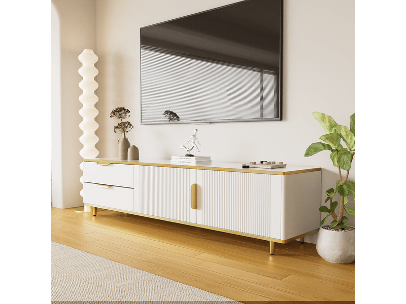  Meuble tv design bas avec texture sculptée, poignées et pieds dorés et structure marbrée meuble tv contemporain  - Conforama B