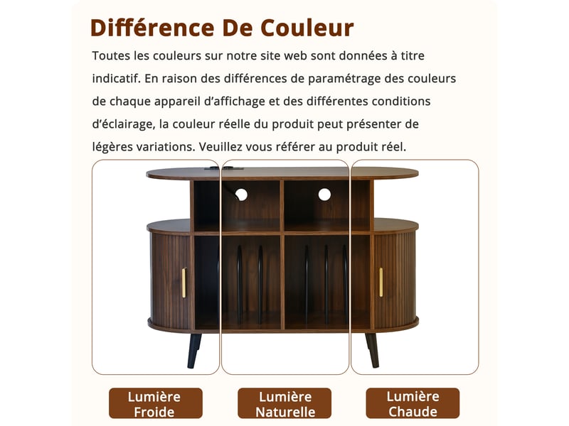 Meuble hi-fi ovale avec rangement vinyles et portes coulissantes - lpospi - station de charge, mdf noyer - 110 × 40 × 76 cm  - Conforama E