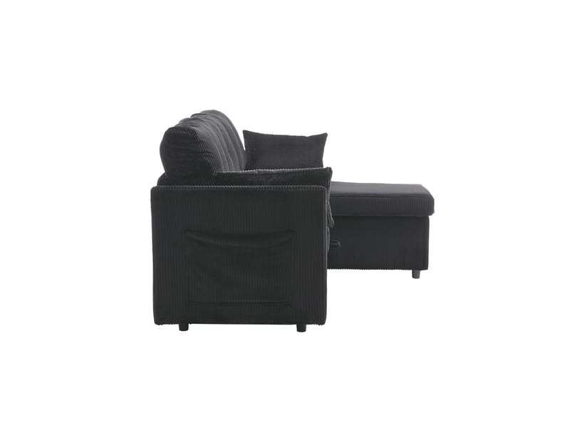 Canapé modulable noir avec rangement intégré - canapé d'angle convertible lit avec rangement en velours côtelé pour salon moderne - Conforama R