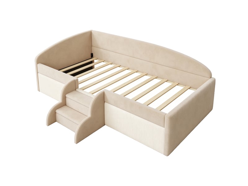  Lit enfant 90x190 cm avec escalier - lit rembourré multifonction avec barrières de sécurité - velours beige evarich - Conforama D