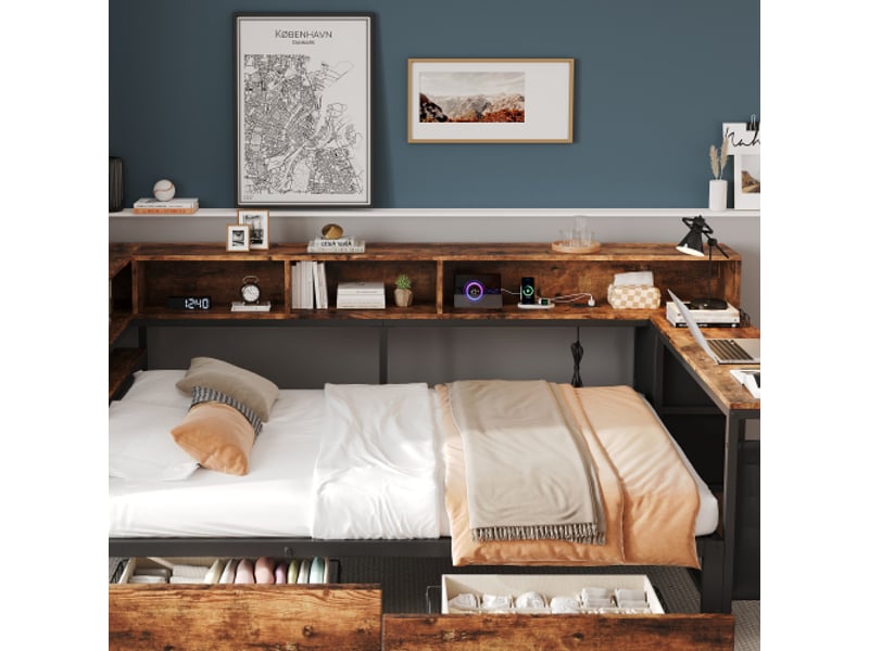  Lit métal 120x200 cm rangements – noirnature, 2 tiroirs, étagères, usb, table de chevet, pochettes textiles  - Conforama D