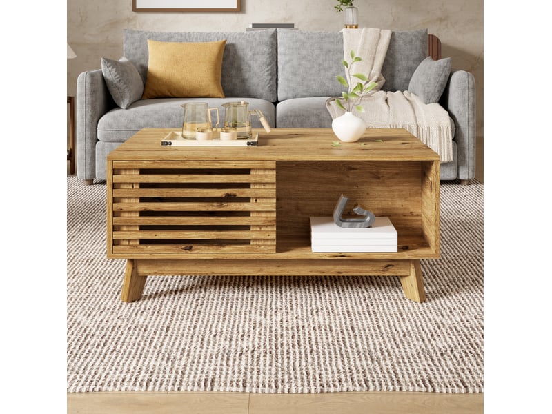 Table basse relevable avec rangement et porte coulissante à lames, en mdf ton bois, pour salon, 90 × 55 × 57,5 cm - Conforama C