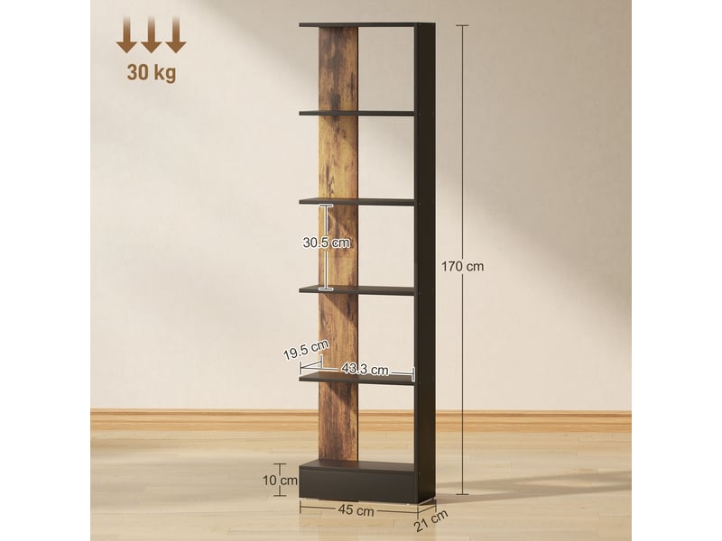  Bibliothèque moderne en bois à 5 niveaux, gain de place, 45 x 21 x 170 cm, marron et noir  - Conforama E
