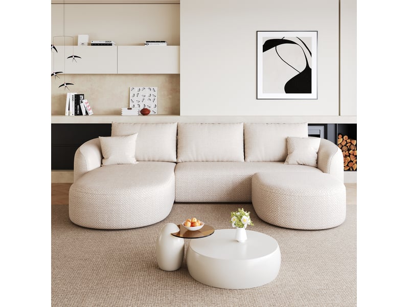  Canapé d'angle en u modenvie modulable 5 places 266 x 168 cm en chenille blanc  - Conforama D