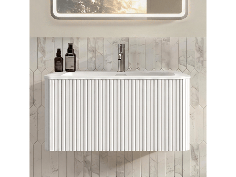 Meuble sous vasque 80 cm suspendu avec vasque en fonte minérale, tiroirs push-to-open, blanc - Conforama B
