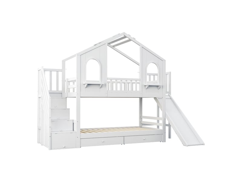 Lit superposé cabane 90 × 200 cm, escalier-rangement, toboggan, tiroirs, toit et fenêtres, bois massif et mdf, blanc - Conforama A