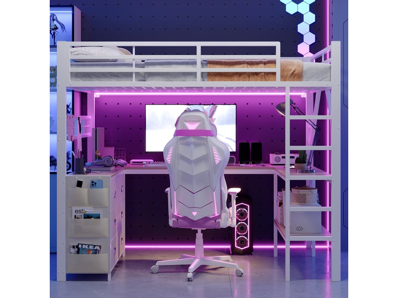 Lit mezzanine gaming 140x200 cm blanc, avec bureau u, 6 tiroirs, rangements, led, structure métal, sommier inclus, sans matelas  - Conforama R