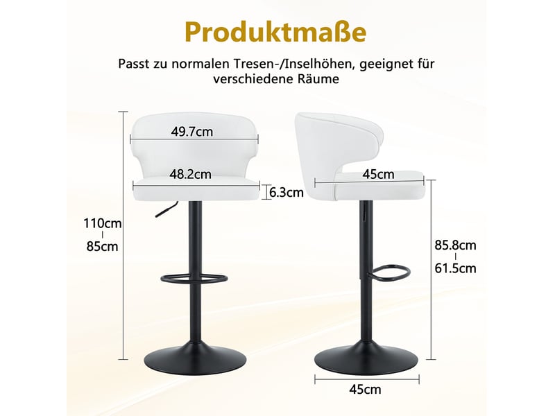 Tabouret de bar pivotant avec dossier ergonomique, hauteur réglable, repose-pieds et base large, en pu blanc  - Conforama D